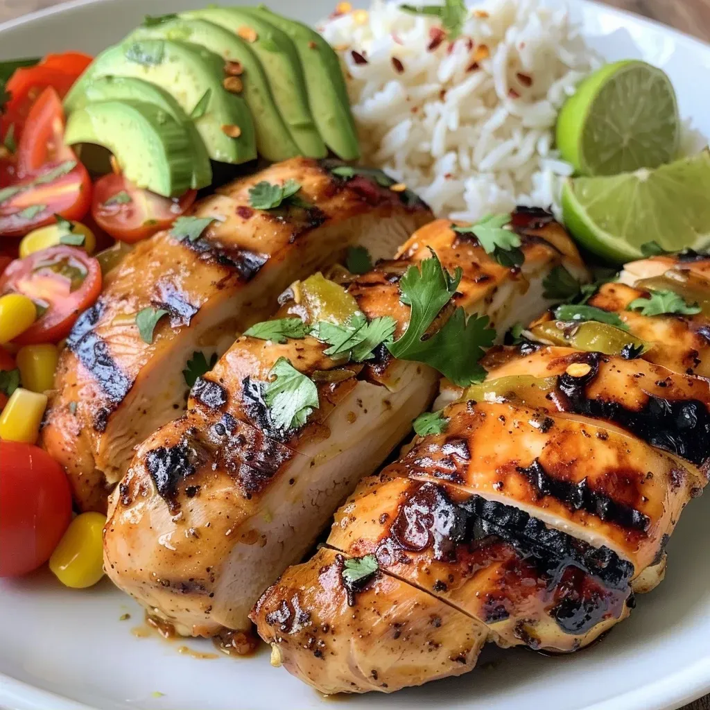 ['Juicy honey lime chicken served over a bed of avocado rice with colorful vegetables.', 'Close-up dish featuring tender chicken, creamy avocado, and vibrant cherry tomatoes.', 'Healthful bowl showcasing lime-infused chicken with rice, avocado slices, and greens.', 'Deliciously arranged honey lime chicken, avocado, and fresh ingredients in a rice bowl.']