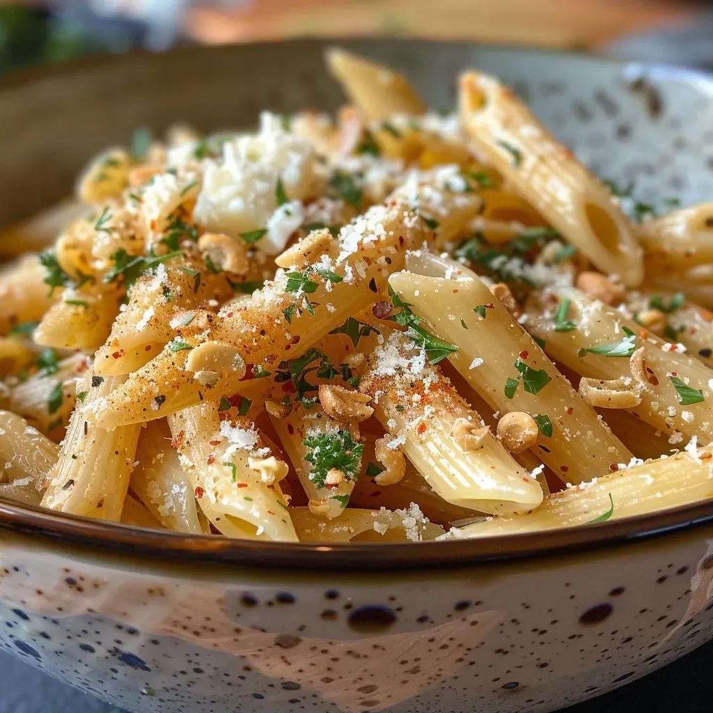 ['Close-up view of a creamy pasta dish featuring honey pepper chicken and garnished with parsley.', 'Juicy chunks of honey pepper chicken served over penne pasta, highlighting delicious textures and sauces.', 'A beautifully plated dish of penne pasta with honey pepper chicken, finished with grated Parmesan and fresh herbs.', 'Side view of a scrumptious plate of pasta featuring tender chicken in a rich, creamy sauce.']