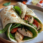['Close-up view of a juicy chicken wrap with fresh ingredients.', 'Side view of tender chicken wraps filled with spinach and cheese.', 'Delicious chicken tortilla wrap showcasing vibrant colors and textures.', 'Appetizing chicken wraps ready to be enjoyed, with visible ingredients.']