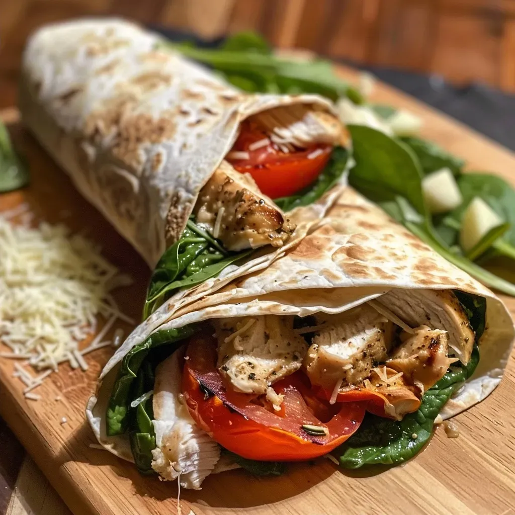 ['Close-up view of a juicy chicken wrap with fresh ingredients.', 'Side view of tender chicken wraps filled with spinach and cheese.', 'Delicious chicken tortilla wrap showcasing vibrant colors and textures.', 'Appetizing chicken wraps ready to be enjoyed, with visible ingredients.']