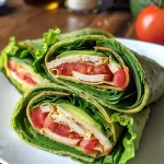 ['Close-up view of a turkey spinach wrap with fresh ingredients.', 'Side view of a low-calorie turkey spinach wrap filled with lettuce and tomato.', 'Juicy turkey spinach wrap showcasing avocado and cheese slices.', 'Detailed shot of a healthy turkey spinach wrap with vibrant colors.']