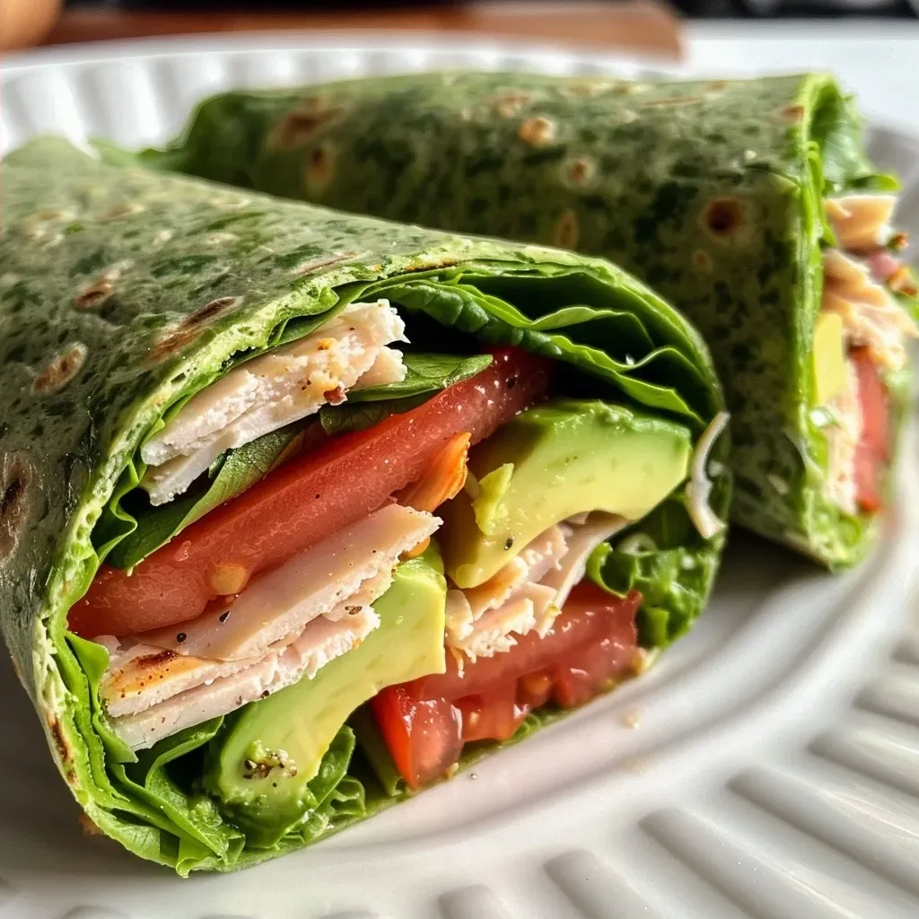 ['Close-up view of a turkey spinach wrap with fresh ingredients.', 'Side view of a low-calorie turkey spinach wrap filled with lettuce and tomato.', 'Juicy turkey spinach wrap showcasing avocado and cheese slices.', 'Detailed shot of a healthy turkey spinach wrap with vibrant colors.']