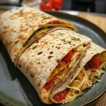 ['Close-up of a cheesy garlic chicken wrap, showcasing juicy chicken strips and melted cheese.', 'Side view of a Käse-Knoblauch-Hähnchen-Wrap with ingredients visible, highlighting its delicious filling.', 'An appetizing image of a loaded chicken wrap, featuring grilled chicken, cheese, and garlic.', 'Delicious tortilla wrap filled with chicken, melted cheese, and garlic, captured in rich detail.']