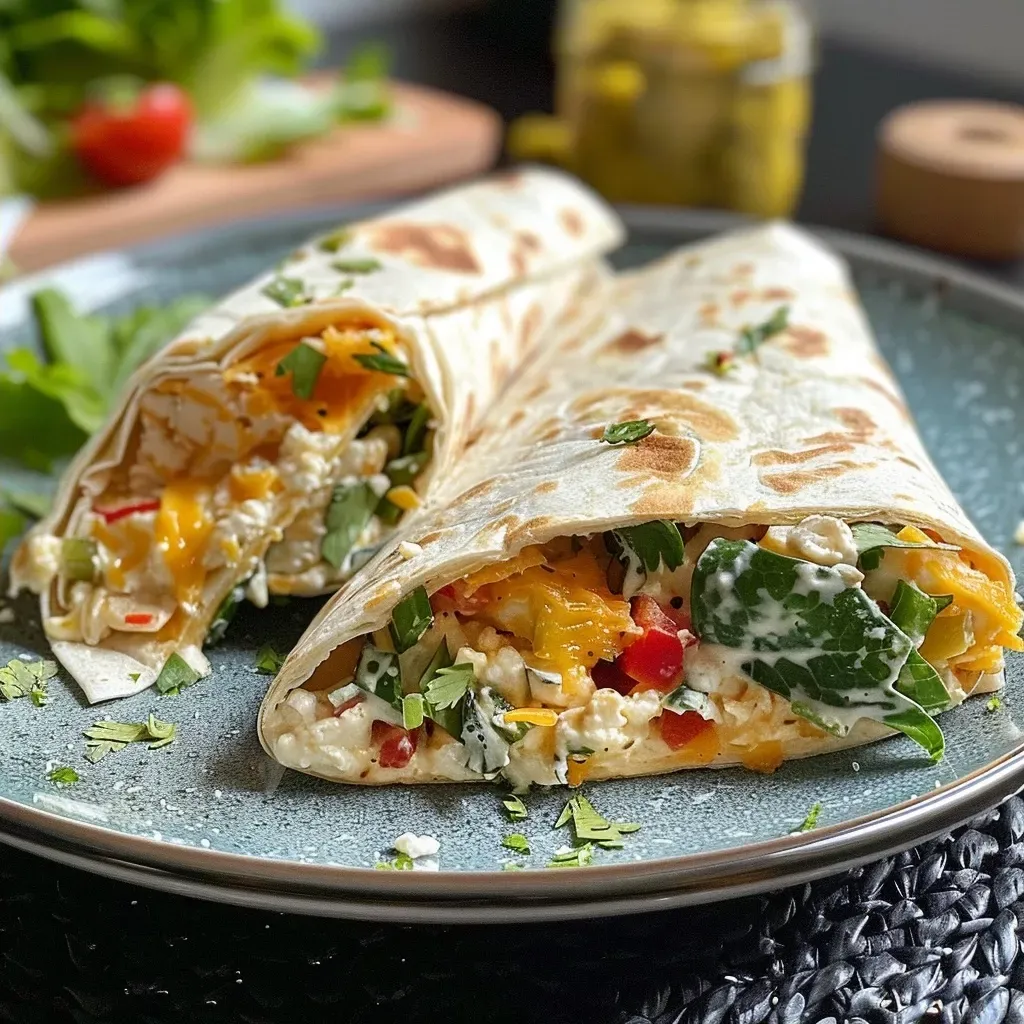 ['Close-up of a cheesy garlic chicken wrap, showcasing juicy chicken strips and melted cheese.', 'Side view of a Käse-Knoblauch-Hähnchen-Wrap with ingredients visible, highlighting its delicious filling.', 'An appetizing image of a loaded chicken wrap, featuring grilled chicken, cheese, and garlic.', 'Delicious tortilla wrap filled with chicken, melted cheese, and garlic, captured in rich detail.']