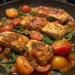 ['Close-up of a keto chicken, spinach, and tomato dish garnished with herbs.', 'Juicy chicken fillets with vibrant spinach and cherry tomatoes in a creamy sauce.', 'A delicious skillet meal featuring chicken, fresh spinach, and bright tomatoes.', 'Side view of a colorful keto chicken dish with spinach and tomatoes, ready to serve.']