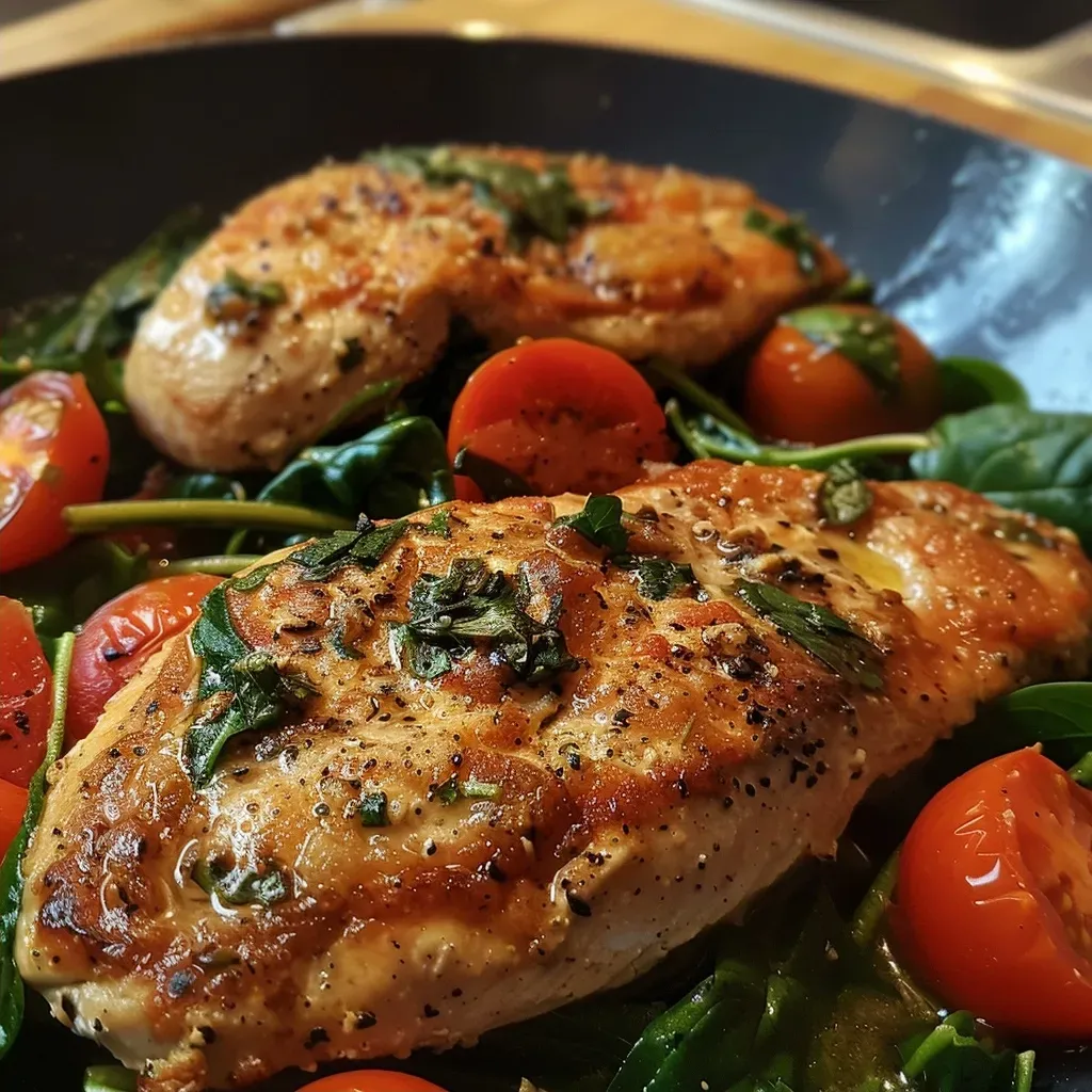 ['Close-up of a keto chicken, spinach, and tomato dish garnished with herbs.', 'Juicy chicken fillets with vibrant spinach and cherry tomatoes in a creamy sauce.', 'A delicious skillet meal featuring chicken, fresh spinach, and bright tomatoes.', 'Side view of a colorful keto chicken dish with spinach and tomatoes, ready to serve.']