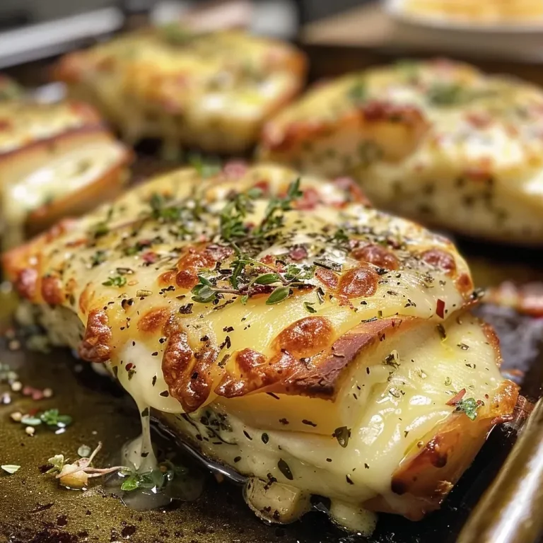 ['Juicy Knoblauch Käse Hähnchen with melted cheese, garlic, and herbs.', 'Close-up of garlic cheese chicken with golden crispy edges.', 'Side view of tender chicken breast topped with garlic and cheese.', 'Deliciously baked chicken breast garnished with parsley and herbs.']