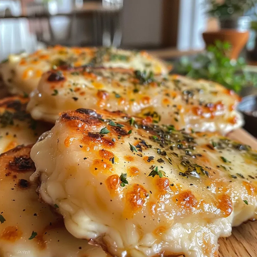 ['Juicy Knoblauch Käse Hähnchen with melted cheese, garlic, and herbs.', 'Close-up of garlic cheese chicken with golden crispy edges.', 'Side view of tender chicken breast topped with garlic and cheese.', 'Deliciously baked chicken breast garnished with parsley and herbs.']