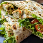 ['Close-up image of a juicy garlic parmesan chicken wrap with fresh greens and tomatoes.', 'Side view of a flavorful chicken wrap filled with grilled chicken, garlic, and parmesan.', 'Detailed shot of a delicious wrap featuring garlic parmesan chicken and fresh ingredients.', 'Juicy chicken wrap showcasing layers of garlic, parmesan cheese, and lettuce in a tortilla.']