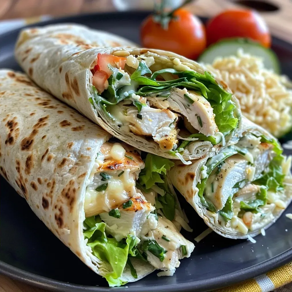 ['Close-up image of a juicy garlic parmesan chicken wrap with fresh greens and tomatoes.', 'Side view of a flavorful chicken wrap filled with grilled chicken, garlic, and parmesan.', 'Detailed shot of a delicious wrap featuring garlic parmesan chicken and fresh ingredients.', 'Juicy chicken wrap showcasing layers of garlic, parmesan cheese, and lettuce in a tortilla.']