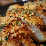 ['Juicy Air Fryer Garlic Parmesan Chicken with a golden crust, displayed on a plate.', 'Close up of succulent chicken breasts coated in garlic and parmesan seasoning.', 'Air-fried chicken breasts garnished with herbs, showcasing a crispy texture.', 'Tantalizing garlic parmesan chicken served on a wooden table, glistening with flavor.']
