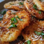 ['Juicy Parmesan chicken breasts cooked in an Airfryer, golden and crispy exterior.', 'Close-up of Airfryer Parmesan chicken displaying a crunchy coating and succulent meat.', 'Crispy Parmesan chicken fillets prepared in an Airfryer, showcasing a rich, golden crust.', 'Deliciously cooked Parmesan chicken in a side view, highlighting the juicy interior and crispy coating.']