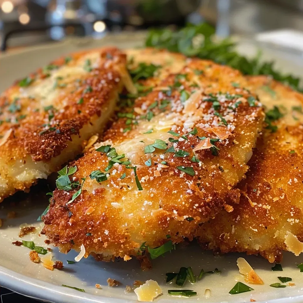['Juicy Parmesan chicken breasts cooked in an Airfryer, golden and crispy exterior.', 'Close-up of Airfryer Parmesan chicken displaying a crunchy coating and succulent meat.', 'Crispy Parmesan chicken fillets prepared in an Airfryer, showcasing a rich, golden crust.', 'Deliciously cooked Parmesan chicken in a side view, highlighting the juicy interior and crispy coating.']