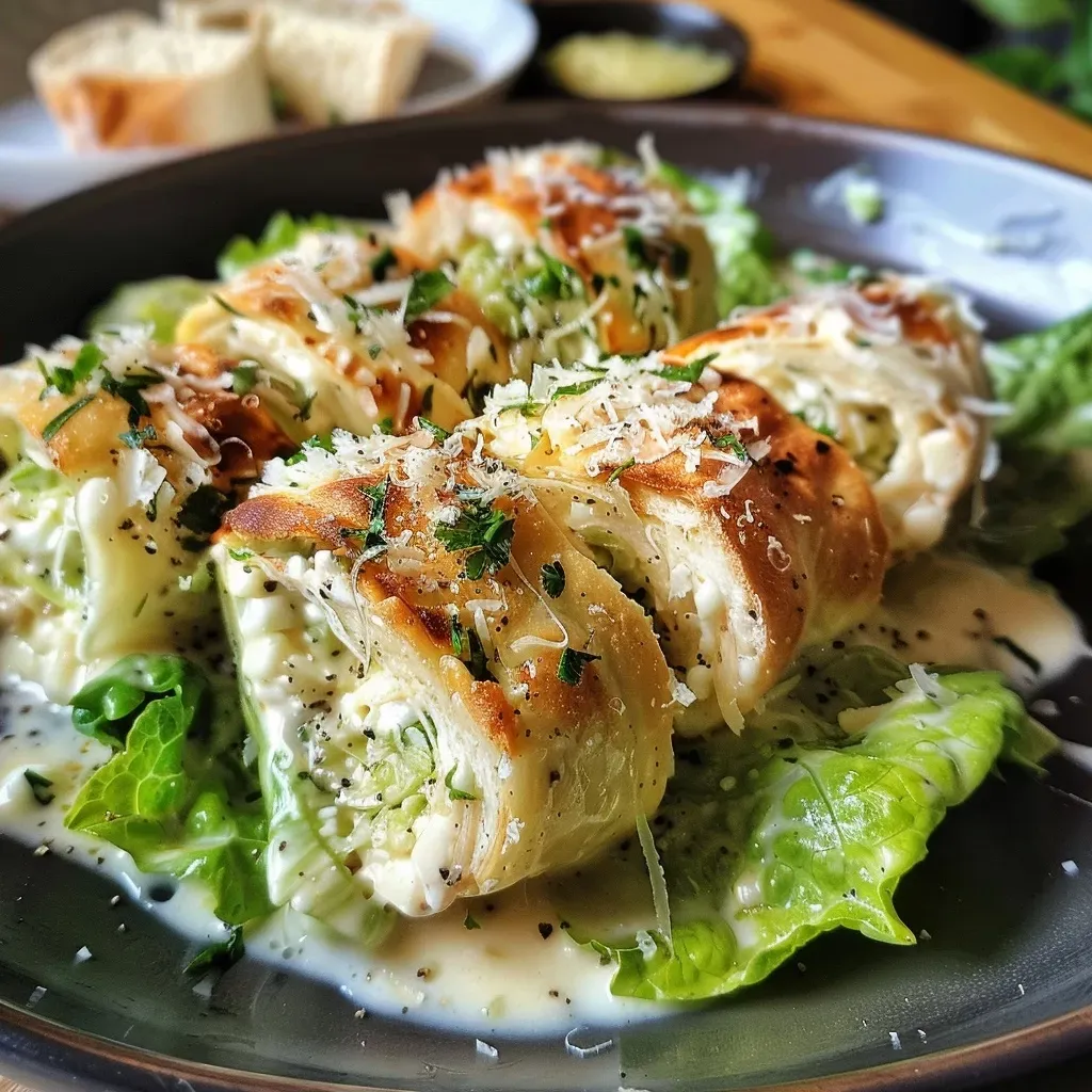 ['Close-up of a delicious Low Carb Caesar Salad Rolle with fresh ingredients.', 'Side view of a creamy Caesar Salad Rolle featuring chicken and greens.', 'Juicy Low Carb Caesar Salad Rolle, showcasing layers of ingredients.', 'Vibrant presentation of a Low Carb Caesar Salad Rolle on a plate.']