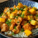 ['Side view of a plate featuring colorful low carb mango chicken with cauliflower fried rice.', 'Close-up shot of juicy chicken chunks surrounded by diced mango and cauliflower rice.', 'Delicious low carb meal with chicken, mango, and a vibrant mix of riced cauliflower.', 'Detailed view of mango chicken and cauliflower fried rice, garnished with fresh cilantro.']