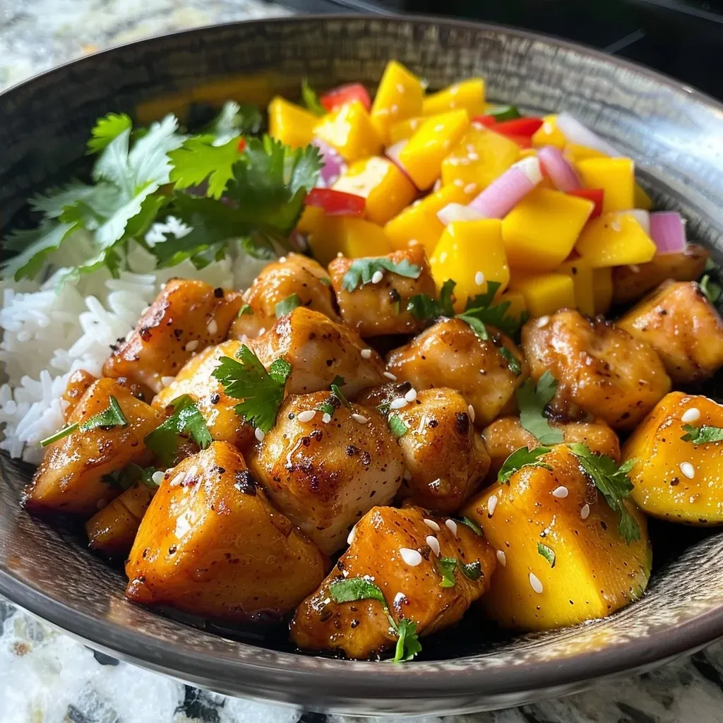 ['Side view of a plate featuring colorful low carb mango chicken with cauliflower fried rice.', 'Close-up shot of juicy chicken chunks surrounded by diced mango and cauliflower rice.', 'Delicious low carb meal with chicken, mango, and a vibrant mix of riced cauliflower.', 'Detailed view of mango chicken and cauliflower fried rice, garnished with fresh cilantro.']