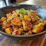 ['Close-up of juicy mango-glazed chicken pieces garnished with green onions and sesame seeds.', 'Side view of succulent chicken thighs coated in a vibrant mango glaze, with lime wedges on the side.', 'Detailed photo showing tender chicken chunks in a rich mango sauce, topped with sesame seeds.', 'Appetizing shot of glazed chicken with a bright mango hue, complemented by fresh herbs.']