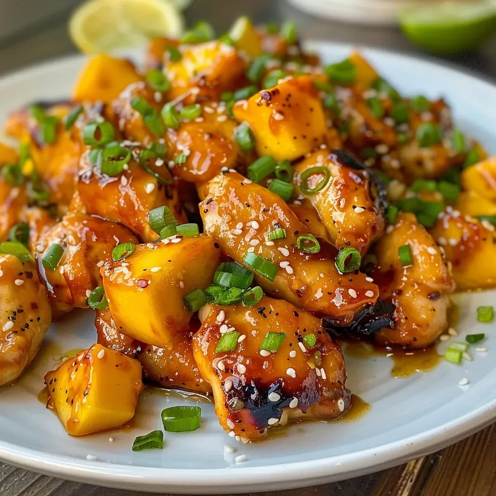 ['Close-up of juicy mango-glazed chicken pieces garnished with green onions and sesame seeds.', 'Side view of succulent chicken thighs coated in a vibrant mango glaze, with lime wedges on the side.', 'Detailed photo showing tender chicken chunks in a rich mango sauce, topped with sesame seeds.', 'Appetizing shot of glazed chicken with a bright mango hue, complemented by fresh herbs.']