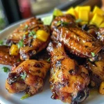 ['Close-up of golden-brown Mango Habanero wings on a plate, garnished with fresh herbs.', 'Juicy chicken wings coated in a vibrant mango habanero glaze, set against a rustic background.', 'Side view of crispy air fryer chicken wings drizzled with mango habanero sauce, showcasing their texture.', 'A detailed image of succulent Mango Habanero wings, highlighting the glaze and ingredients.']