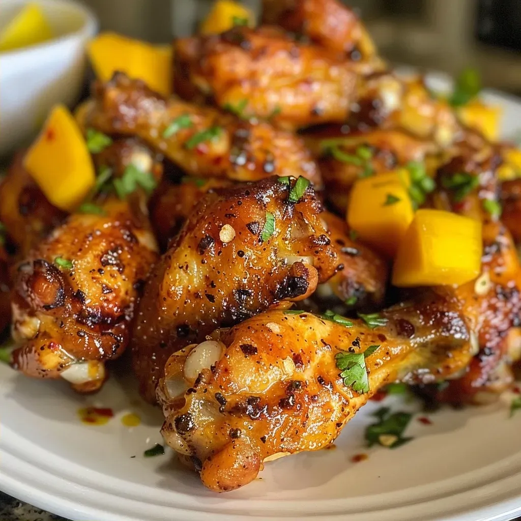 ['Close-up of golden-brown Mango Habanero wings on a plate, garnished with fresh herbs.', 'Juicy chicken wings coated in a vibrant mango habanero glaze, set against a rustic background.', 'Side view of crispy air fryer chicken wings drizzled with mango habanero sauce, showcasing their texture.', 'A detailed image of succulent Mango Habanero wings, highlighting the glaze and ingredients.']