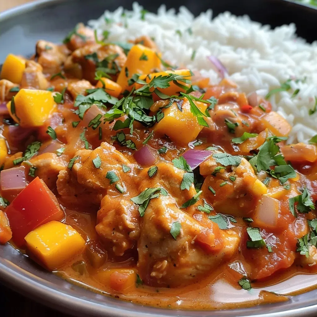 ['Close-up of a juicy mango chicken bake with colorful peppers and onions.', 'Side view of mango chicken casserole featuring vibrant mango chunks and herbs.', 'Delicious mango chicken bake served with rice, showcasing a rich sauce and fresh ingredients.', 'A flavorful mango chicken dish with visible layers of chicken, vegetables, and mango.']
