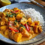 ['Close-up view of a vibrant Mango Hähnchen Curry with colorful ingredients.', 'Side view of a delicious Mango Chicken Curry dish garnished with fresh coriander.', 'Juicy Mango Hähnchen Curry in a bowl, showcasing bright mango and red pepper.', 'Detailed image of Mango Chicken Curry, highlighting its rich, creamy texture.']