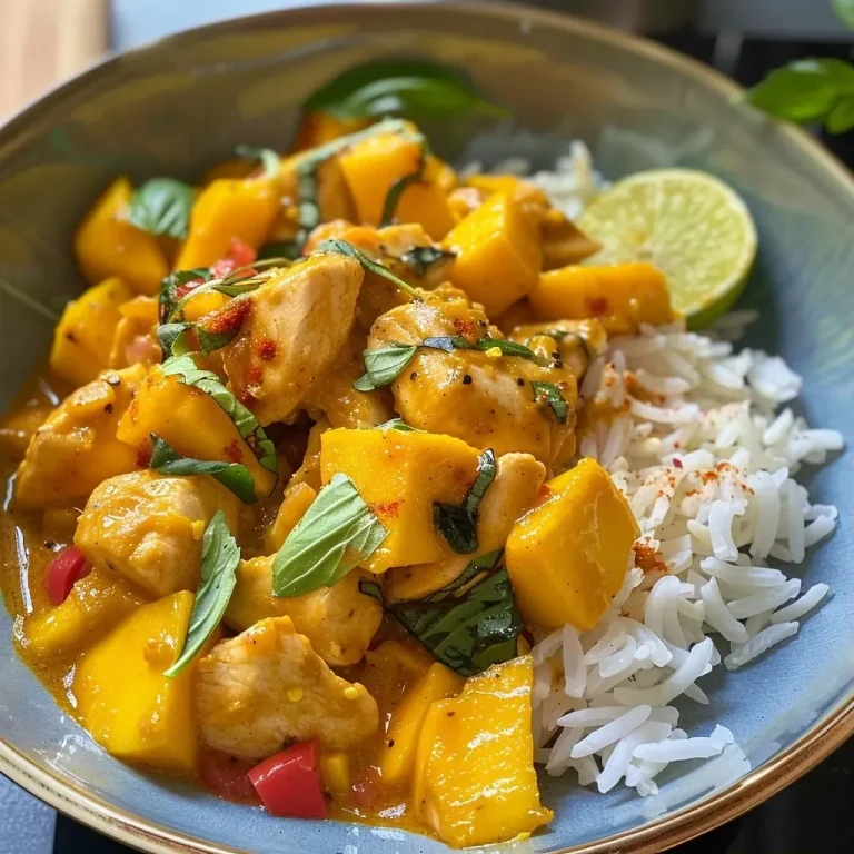 ['Close-up view of a vibrant Mango Hähnchen-Curry dish with chunks of chicken and fresh mango.', 'Side shot of a bowl filled with juicy Mango Hähnchen-Curry featuring colorful ingredients.', 'Detailed image of Mango Hähnchen-Curry with visible spices and herbs garnishing the dish.', 'Lush close-up of mango slices and chicken in a creamy coconut sauce.']