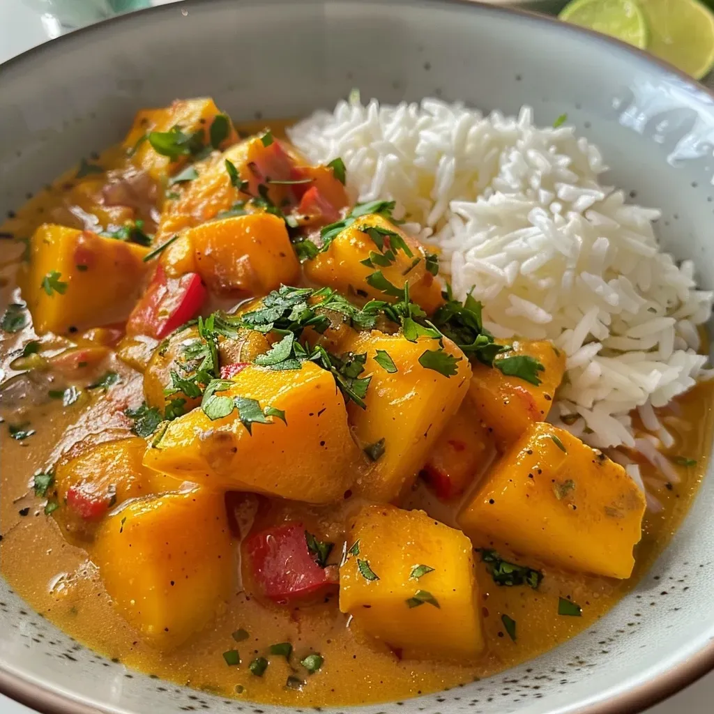 ['Close-up view of a vibrant Mango Hähnchen-Curry dish with chunks of chicken and fresh mango.', 'Side shot of a bowl filled with juicy Mango Hähnchen-Curry featuring colorful ingredients.', 'Detailed image of Mango Hähnchen-Curry with visible spices and herbs garnishing the dish.', 'Lush close-up of mango slices and chicken in a creamy coconut sauce.']