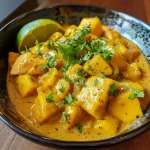['Close-up view of a delicious mango chicken dish garnished with cilantro.', 'Juicy mango chicken with vibrant yellow mango pieces and herbs in focus.', 'Side view of mango chicken on a plate, showcasing tender pieces and fresh ingredients.', 'Appetizing mango chicken with visible spices and garnishes, captured in detail.']