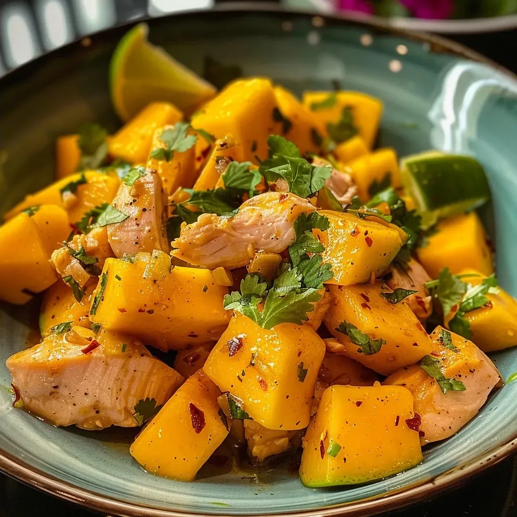 ['Close-up view of a delicious mango chicken dish garnished with cilantro.', 'Juicy mango chicken with vibrant yellow mango pieces and herbs in focus.', 'Side view of mango chicken on a plate, showcasing tender pieces and fresh ingredients.', 'Appetizing mango chicken with visible spices and garnishes, captured in detail.']