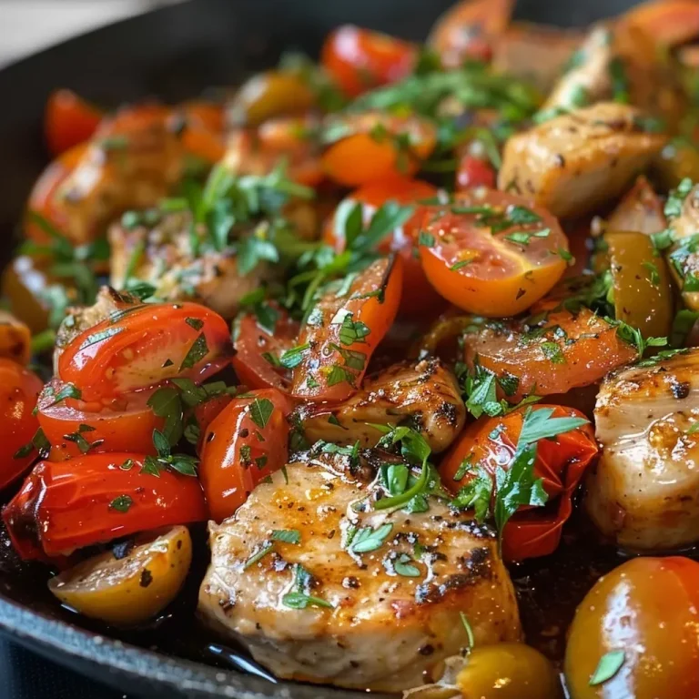 ['A close-up view of a Mediterranean tomato dish with crispy chicken, featuring colorful veggies.', 'Side view of a vibrant tomato and chicken skillet, highlighting fresh ingredients and herbs.', 'A delicious Mediterranean tomato pan with succulent chicken, garnished with parsley and olives.', 'A tantalizing close-up of juicy chicken and tomatoes in a skillet, showcasing bright colors and textures.']
