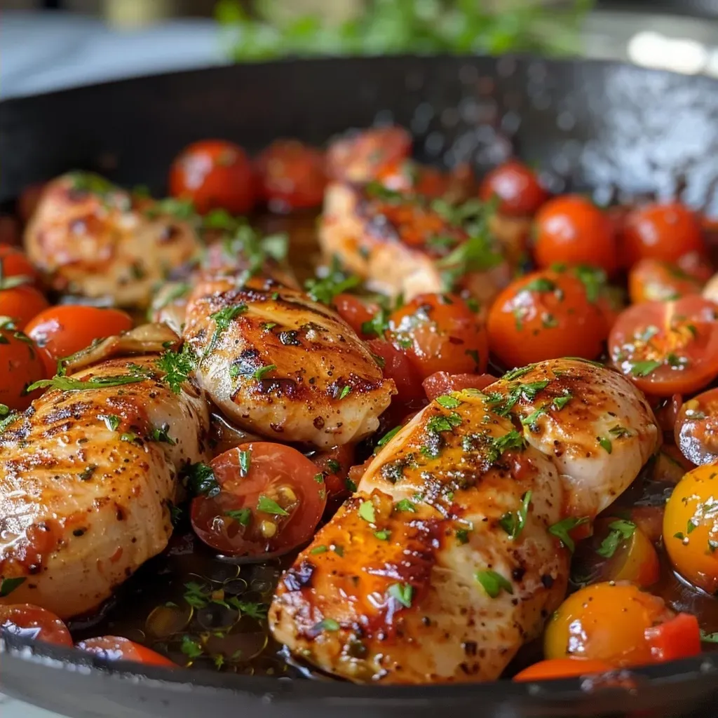 ['A close-up view of a Mediterranean tomato dish with crispy chicken, featuring colorful veggies.', 'Side view of a vibrant tomato and chicken skillet, highlighting fresh ingredients and herbs.', 'A delicious Mediterranean tomato pan with succulent chicken, garnished with parsley and olives.', 'A tantalizing close-up of juicy chicken and tomatoes in a skillet, showcasing bright colors and textures.']