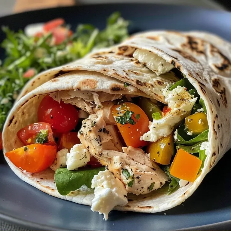 ['Close-up view of a Mediterranean chicken wrap filled with feta, olives, and fresh vegetables.', 'Juicy Mediterranean chicken wrap showcasing layers of chicken, feta cheese, and greens.', 'Side view of a vibrant Mediterranean chicken wrap with olives and colorful vegetables.', 'Detailed close-up of a chicken wrap featuring Greek ingredients like feta and Kalamata olives.']