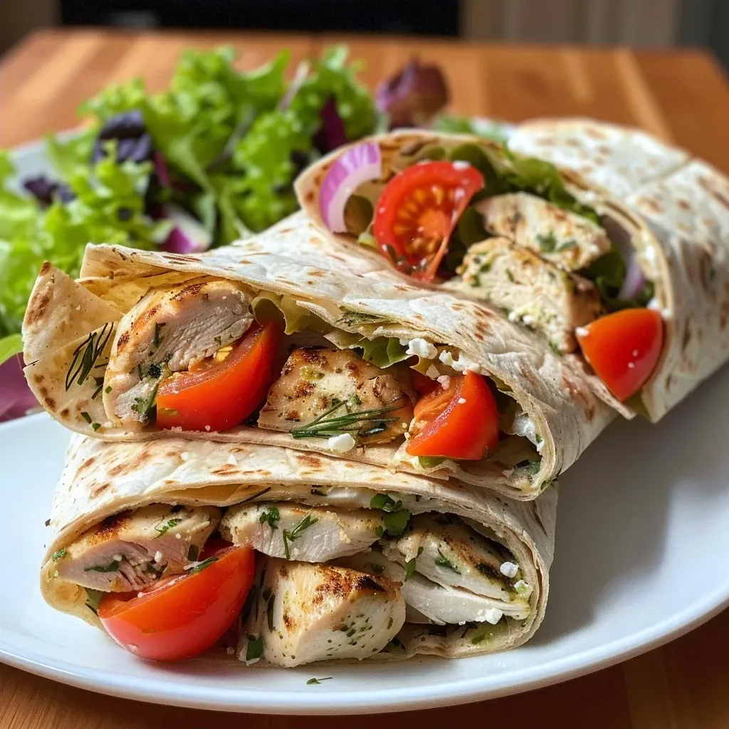 ['Close-up view of a Mediterranean chicken wrap filled with feta, olives, and fresh vegetables.', 'Juicy Mediterranean chicken wrap showcasing layers of chicken, feta cheese, and greens.', 'Side view of a vibrant Mediterranean chicken wrap with olives and colorful vegetables.', 'Detailed close-up of a chicken wrap featuring Greek ingredients like feta and Kalamata olives.']