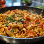 ['Close-up of a delicious noodle casserole with chicken and bell peppers.', 'Side view of a creamy chicken noodle bake topped with melted cheese and herbs.', 'Juicy chicken and colorful bell peppers in a rich noodle casserole dish.', 'Vibrant and hearty noodle bake featuring chicken, mini tomatoes, and mozzarella.']