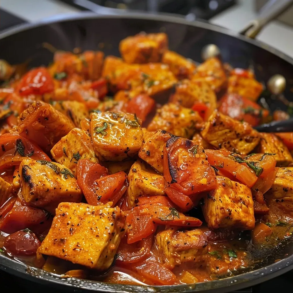 ['Close-up of a creamy Paprika Hähnchen Pfanne with rice, highlighting juicy chicken and colorful peppers.', 'Side view of Paprika Hähnchen Pfanne featuring tender chicken, red bell pepper, and a serving of basmati rice.', 'Juicy Paprika chicken dish served with rice, showcasing a vibrant mix of ingredients in a creamy sauce.', 'Detailed close-up of a delicious Paprika Hähnchen Pfanne, emphasizing rich textures and appetizing colors.']