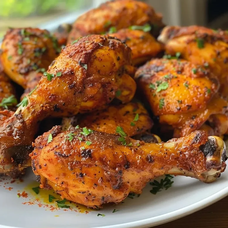 ['Close-up of juicy air-fried paprika chicken thighs garnished with herbs.', 'Side view of crispy skin-on chicken thighs seasoned with paprika and herbs.', 'Plated paprika chicken showing golden-brown skin and aromatic spices.', 'Close-up of succulent chicken thighs with a rich paprika coating.']