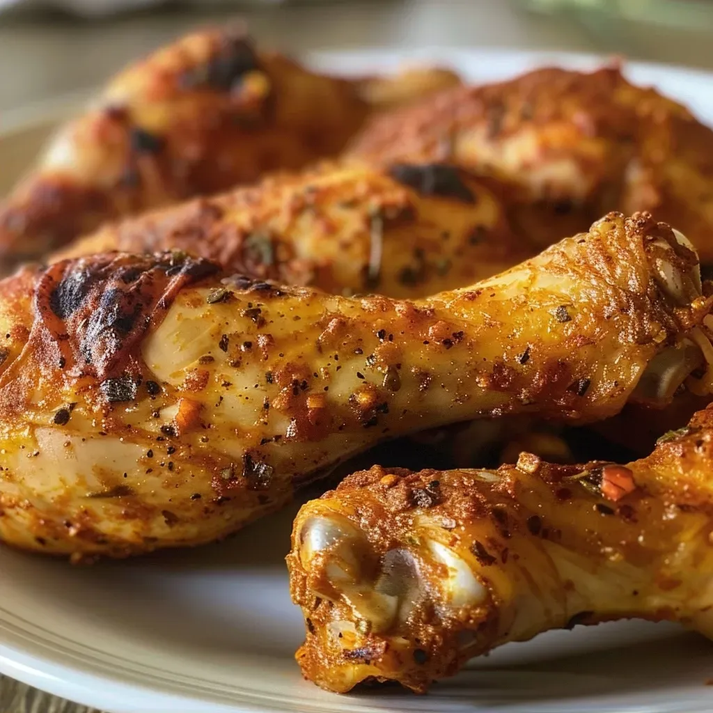 ['Close-up of juicy air-fried paprika chicken thighs garnished with herbs.', 'Side view of crispy skin-on chicken thighs seasoned with paprika and herbs.', 'Plated paprika chicken showing golden-brown skin and aromatic spices.', 'Close-up of succulent chicken thighs with a rich paprika coating.']