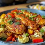 ['A close-up side view of Sweet Paprika Chicken served with cauliflower rice in a bowl.', 'Juicy paprika-seasoned chicken with colorful diced vegetables and cauliflower rice, captured in detail.', 'A vibrant bowl displaying paprika chicken alongside diced bell peppers and cauliflower rice.', 'An appetizing side view of a delicious chicken and vegetable bowl featuring cauliflower rice.']