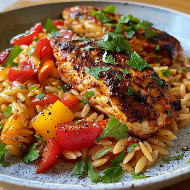 ['Close-up view of Paprika Sahne Hähnchen with Orzo noodles, showcasing vibrant peppers and creamy sauce.', "Juicy Paprika Sahne Hähnchen served with golden Orzo, highlighting the dish's textures and colors.", 'Side view of oven-baked Paprika Sahne Hähnchen, featuring tender chicken breast and colorful bell peppers.', 'Plated Paprika Sahne Hähnchen with Orzo, emphasizing the creamy sauce and garnished with herbs.']