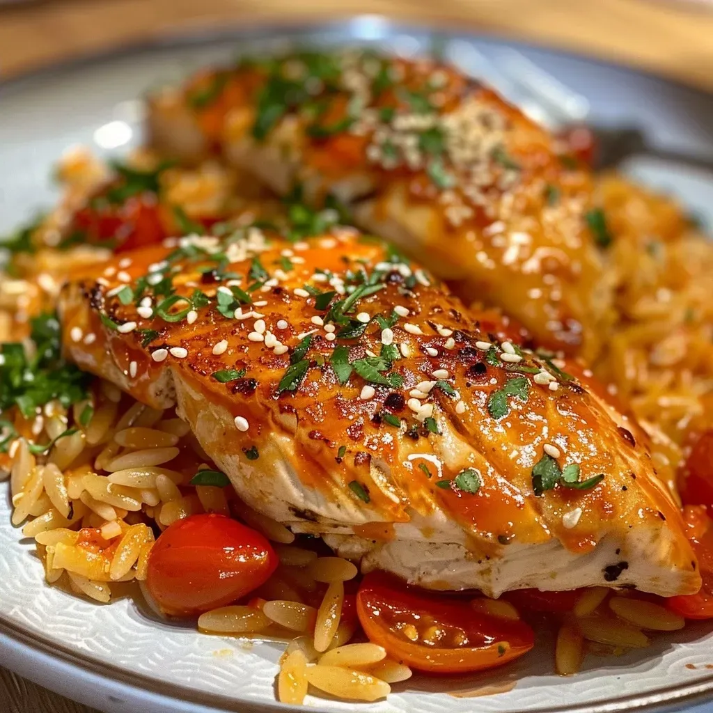 ['Close-up view of Paprika Sahne Hähnchen with Orzo noodles, showcasing vibrant peppers and creamy sauce.', 