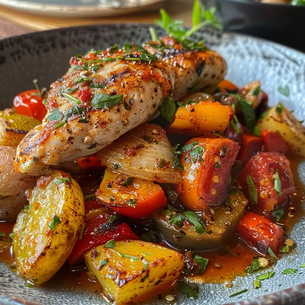 ['Close-up view of juicy Paprika Sahne Hähnchen with vibrant bell peppers and creamy sauce.', 'Side view of a mouthwatering chicken dish featuring paprika and a rich sauce.', 'Appetizing close-up of Paprika Sahne Hähnchen garnished with colorful bell peppers.', 'Delicious chicken breast in creamy paprika sauce, highlighting fresh ingredients.']