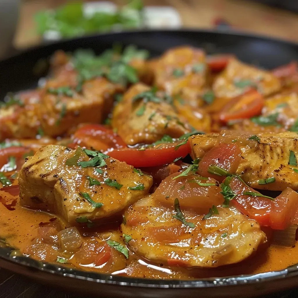 ['Juicy Paprika Sahne Hähnchen served with Orzo noodles, vibrant peppers visible.', 'Close-up view of creamy paprika chicken with colorful peppers and orzo pasta.', 'Delicious chicken dish featuring paprika cream sauce, orzo, and assorted peppers.', 'Hearty Paprika Sahne Hähnchen with a side of golden orzo and bright bell peppers.']
