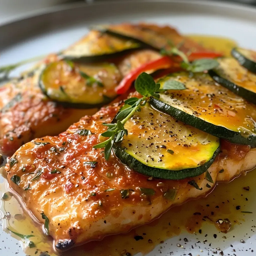 ['Close-up photo of juicy Paprika-Zucchini-Sahne-Hähnchen in a creamy sauce.', 'Side view of vibrant Paprika-Zucchini-Sahne-Hähnchen with colorful vegetables.', 'Delicious looking chicken dish featuring red and yellow peppers and zucchini slices.', 'Juicy chicken breasts cooked with paprika and zucchini in a rich, creamy sauce.']