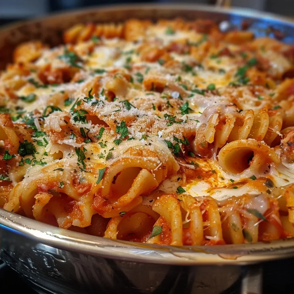 ['Close-up view of a baked Parmesan chicken casserole, showcasing golden brown cheese on top.', 'Side angle of a delicious Parmesan chicken bake with pasta and melted cheese.', 'Juicy Parmesan Hähnchen Auflauf with visible layers of chicken and tomato sauce.', 'Appetizing casserole dish featuring Parmesan chicken and pasta, garnished with parsley.']