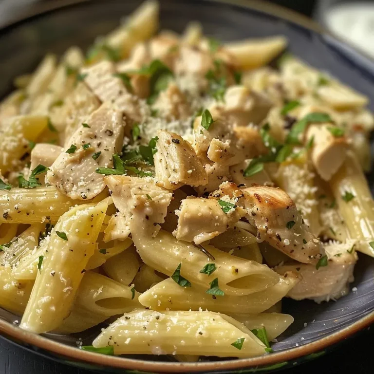 ['Close-up of juicy Parmesan chicken pasta with a creamy sauce.', 'Side view of a plate filled with tender chicken and pasta, garnished with parsley.', 'Detailed shot of fettuccine mixed with chicken and sprinkled with Parmesan cheese.', 'Appetizing image of a bowl of pasta featuring pieces of chicken and garlic.']