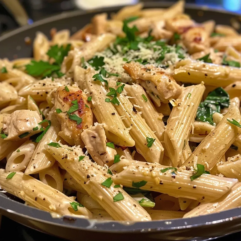 ['Close-up of juicy Parmesan chicken pasta with a creamy sauce.', 'Side view of a plate filled with tender chicken and pasta, garnished with parsley.', 'Detailed shot of fettuccine mixed with chicken and sprinkled with Parmesan cheese.', 'Appetizing image of a bowl of pasta featuring pieces of chicken and garlic.']