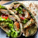 ['Close-up of a Proteinreicher Chicken Caesar Wrap filled with chicken, lettuce, and tomatoes.', 'Side view of a juicy Chicken Caesar Wrap showcasing grilled chicken and fresh ingredients.', 'Detailed image of a Chicken Caesar Wrap highlighting its colorful ingredients and tortilla.', 'Mouthwatering close-up of a Chicken Caesar Wrap with visible layers of lettuce and dressing.']