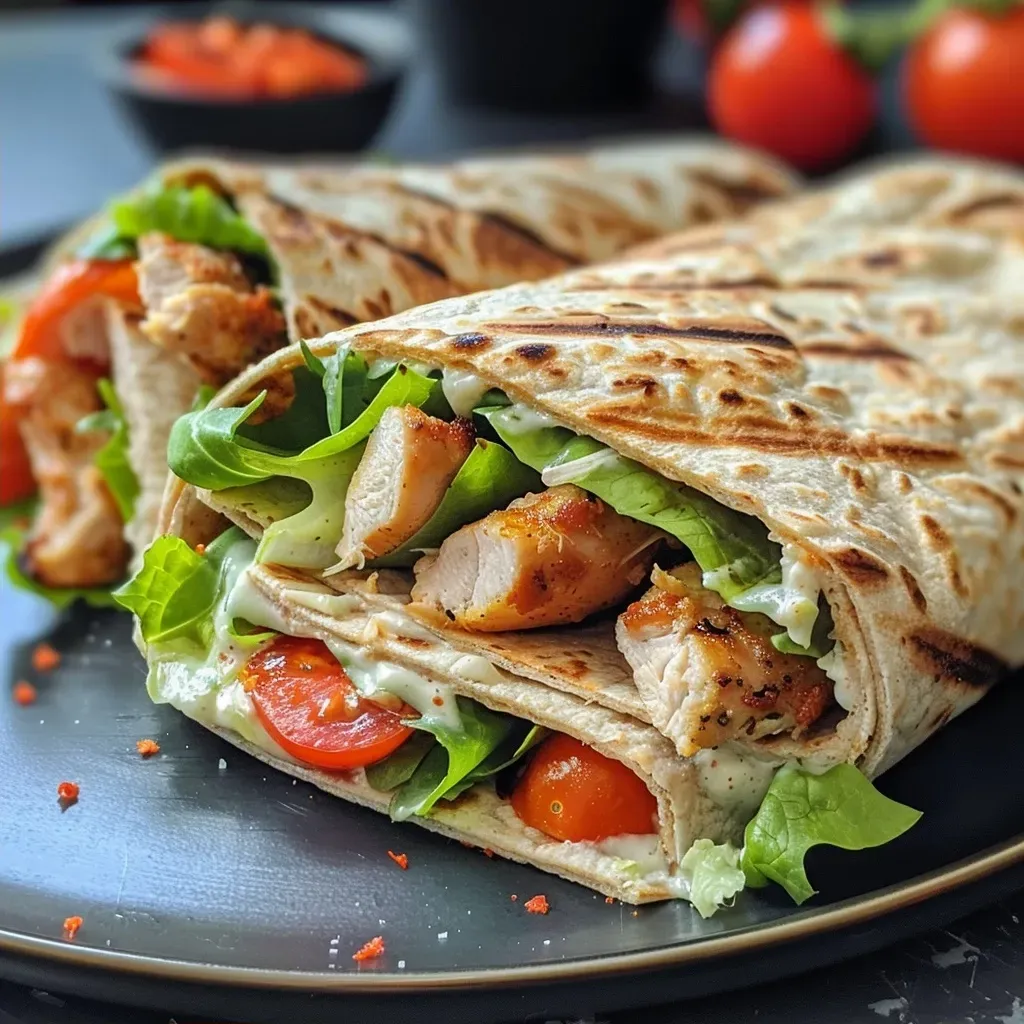 ['Close-up of a Proteinreicher Chicken Caesar Wrap filled with chicken, lettuce, and tomatoes.', 'Side view of a juicy Chicken Caesar Wrap showcasing grilled chicken and fresh ingredients.', 'Detailed image of a Chicken Caesar Wrap highlighting its colorful ingredients and tortilla.', 'Mouthwatering close-up of a Chicken Caesar Wrap with visible layers of lettuce and dressing.']
