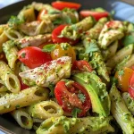 ['Close-up of blackened chicken avocado pasta salad with tomatillo dressing.', 'Side view shot of pasta salad featuring blackened chicken, avocado, and cherry tomatoes.', 'Vibrant blackened chicken pasta salad topped with fresh herbs and tomatillo dressing.', 'Delicious serving of blackened chicken avocado pasta salad displayed on a plate.']